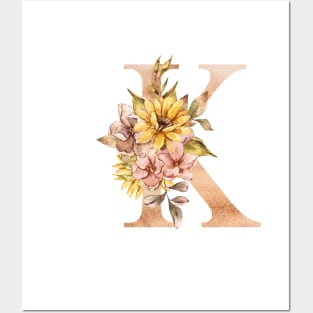 Watercolor sunflower bouquet monogram letter K Posters and Art